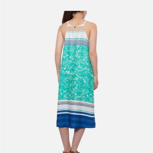 Prana Blue White Maxi Dress Halter Summer Floral Stripes Neckline Size M - Picture 2 of 13